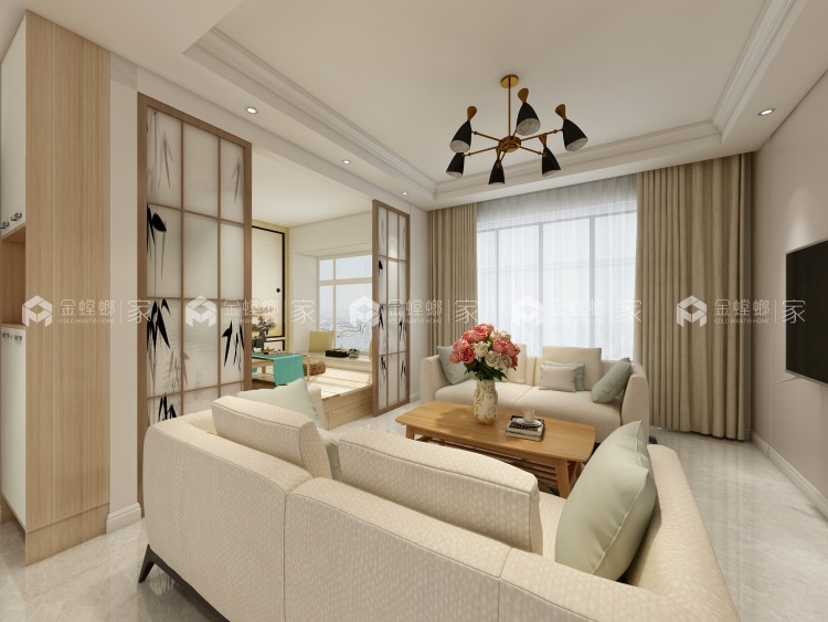 全屋浅色系，把素净日式风搬回家-客厅效果图及设计说明