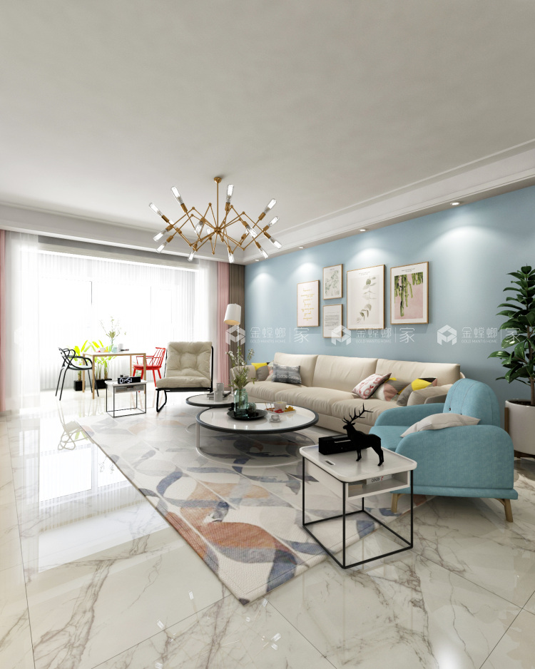 删繁化简，色彩浓郁的200平北欧美居-客厅效果图及设计说明