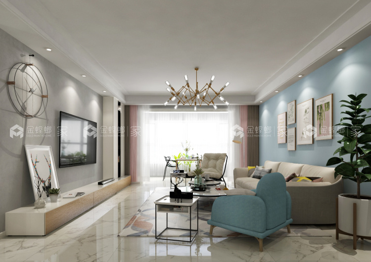 删繁化简，色彩浓郁的200平北欧美居-客厅效果图及设计说明