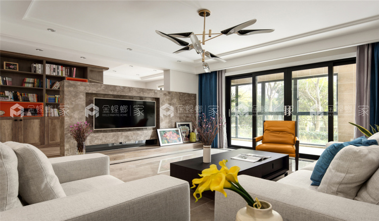 浅灰色色调配鱼骨拼贴木地板，更具时尚感-客厅效果图及设计说明