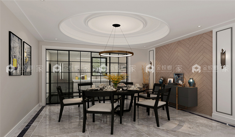 浅灰色色调配鱼骨拼贴木地板，更具时尚感-餐厅效果图及设计说明