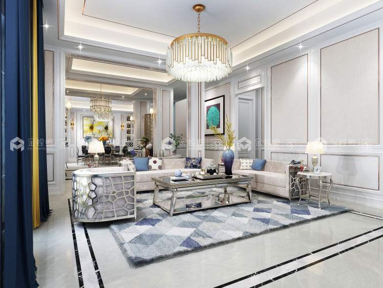 美式轻奢丨先低调中彰显尊贵-客厅效果图及设计说明
