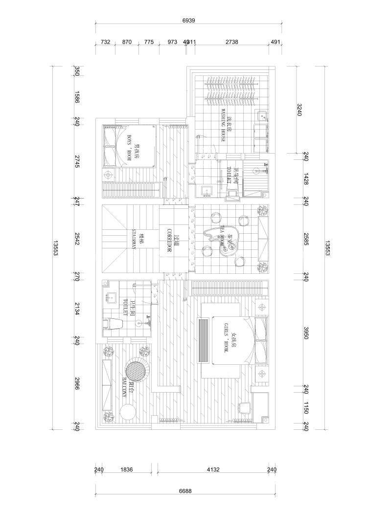 清新自然，淡雅生活，240平田园风格-平面布置图