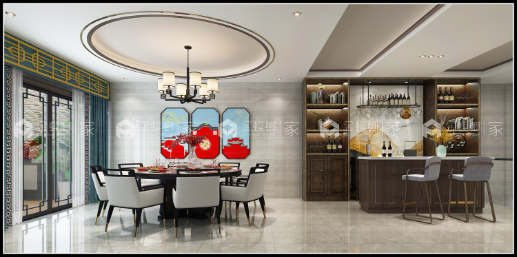 343平传统风韵与现代审美新中式风-餐厅效果图及设计说明