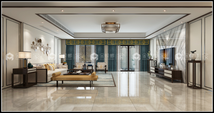 343平传统风韵与现代审美新中式风-客厅效果图及设计说明