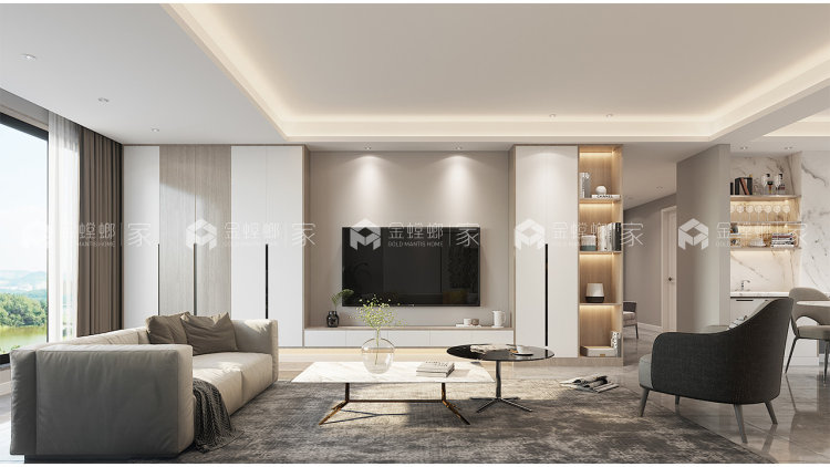 灰色和木色的碰撞，简约而不失大气，营造出家的归属感-空间效果图
