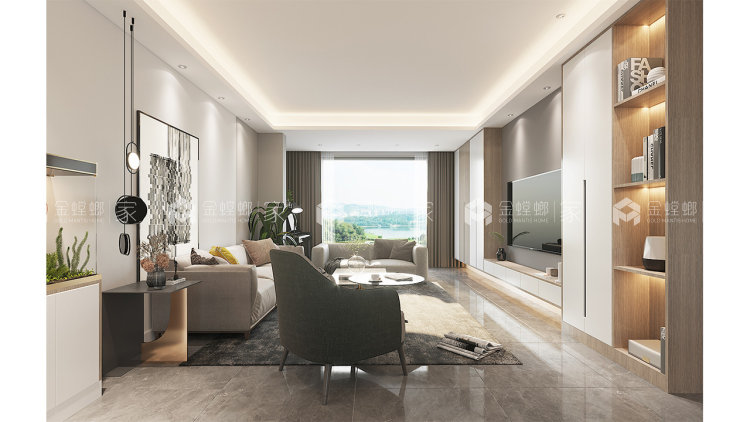 灰色和木色的碰撞，简约而不失大气，营造出家的归属感-空间效果图