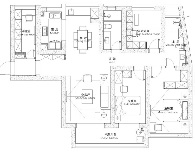 140㎡黑白灰风精品案例-平面布置图