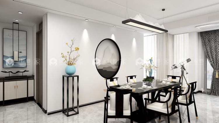 【3D全景】极致黑白点缀天使蓝,简约新中式带来的古韵今风-空间效果图