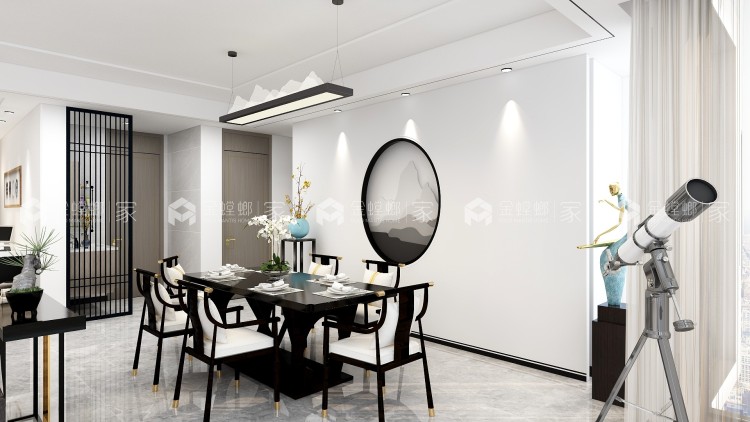 【3D全景】极致黑白点缀天使蓝,简约新中式带来的古韵今风-空间效果图