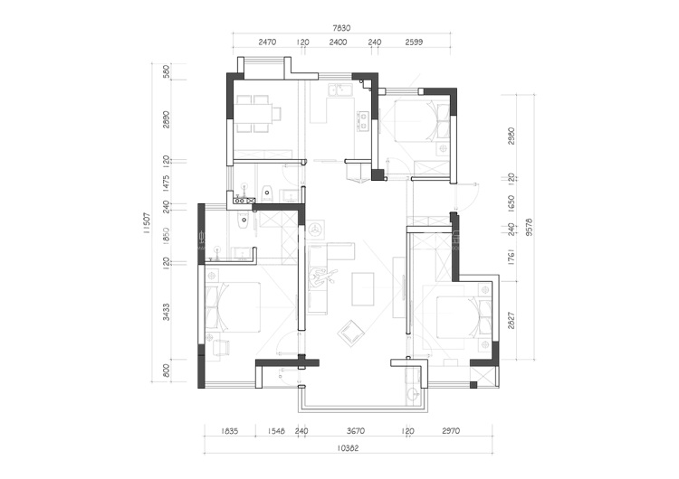 90平江南府现代风格-舒适大气现代风案例-平面布置图