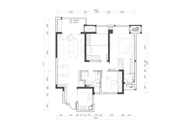 85平美的公园天新中式风格-平面布置图