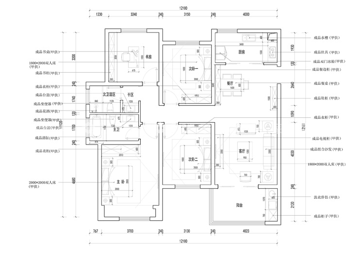 102平橡树湾简美风格-典雅美式案例-平面布置图