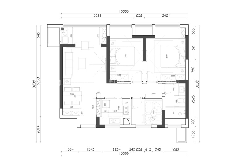 70平江南府现代风格-黑白灰格调案例-平面布置图