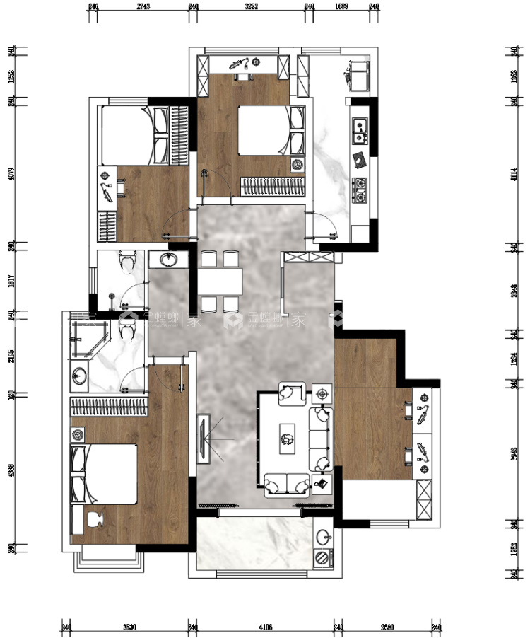 140平褐石公园现代风格-平面布置图