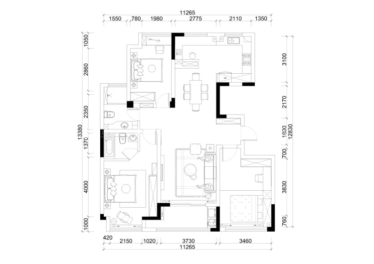 140平阳光水榭现代风格-平面布置图