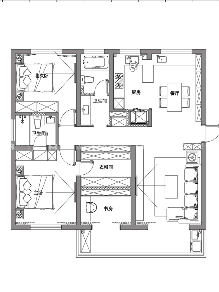120平网师花苑现代风格-光阴岁月-平面布置图