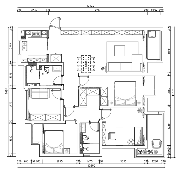 140平太湖汇景现代风格-一屋两人三餐四季-平面布置图