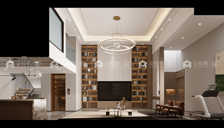 300平九龙仓逅湾雅苑现代风格-家有一面书墙-空间效果图