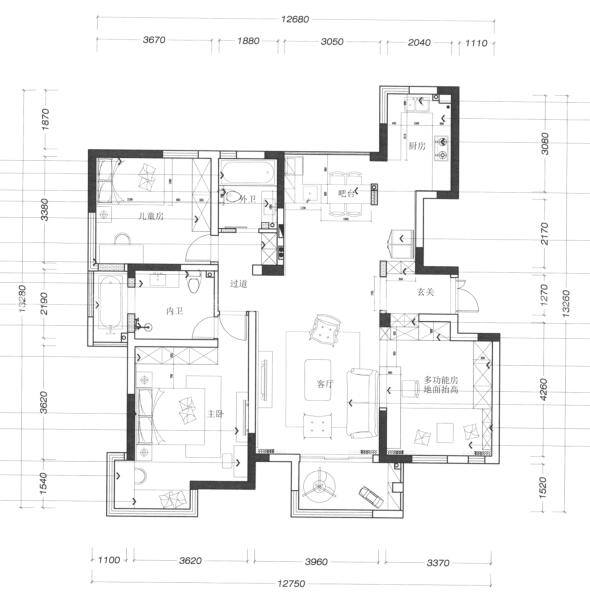 100平天都花园现代风格-生活中的一点小浪漫-平面设计图及设计说明