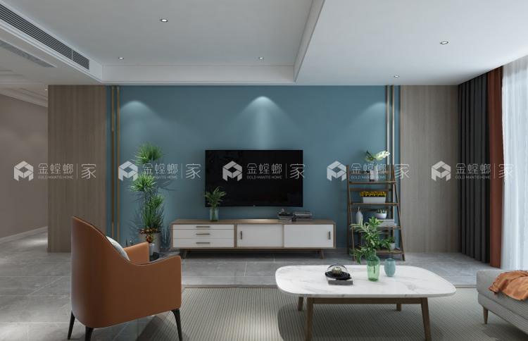 130平外滩首府现代风格-蓝色海洋与浅灰色木纹的碰撞-空间效果图