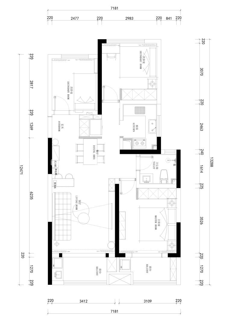 110平永威西郡现代风格-平面布置图