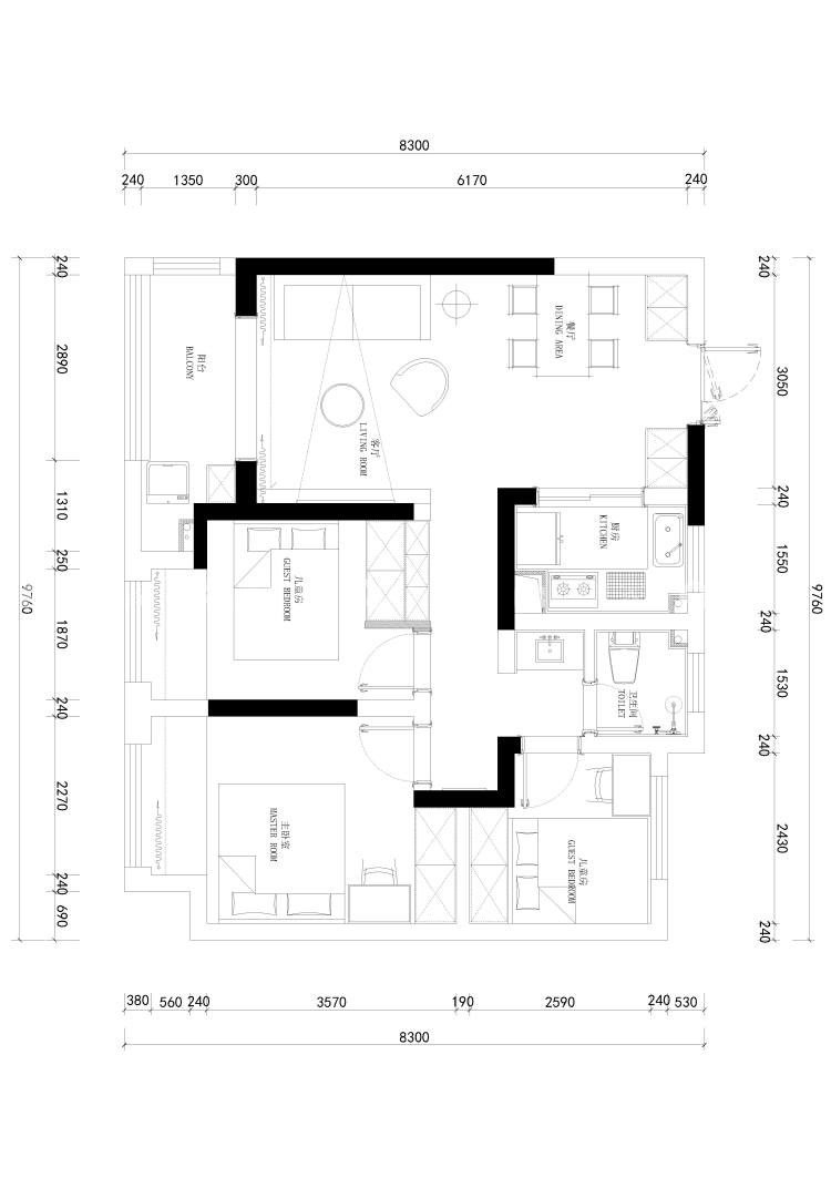 90平永威西郡现代风格-平面布置图