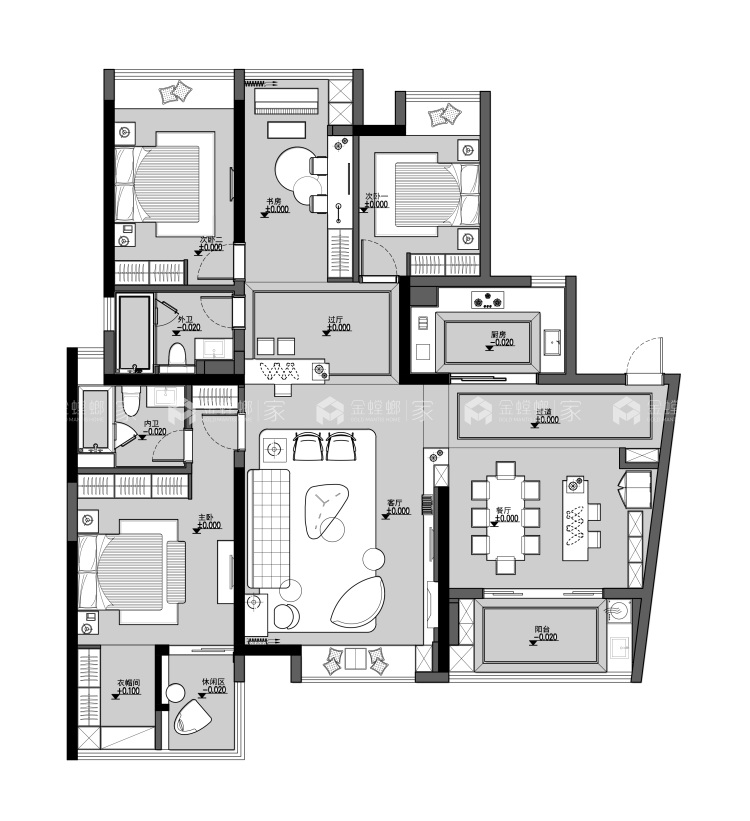 180平金河国际现代风格-平面布置图