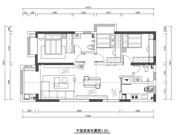 98平富田九鼎公馆现代风格-平面布置图