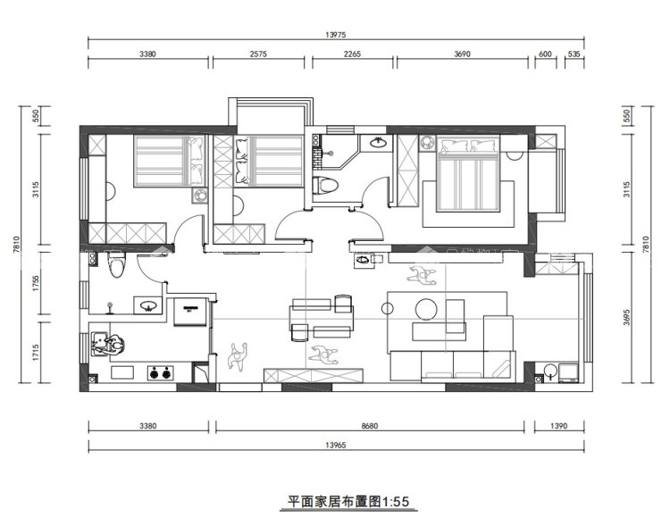 125平九鼎公馆现代风格-时光花园奶油风-平面布置图