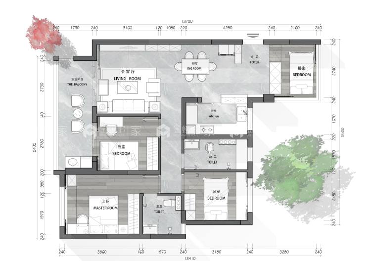 115㎡铂钻花园现代风格-平面布置图