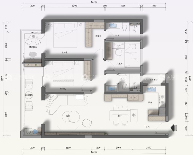 130㎡龙湖御景高级灰现代轻奢住宅-平面布置图