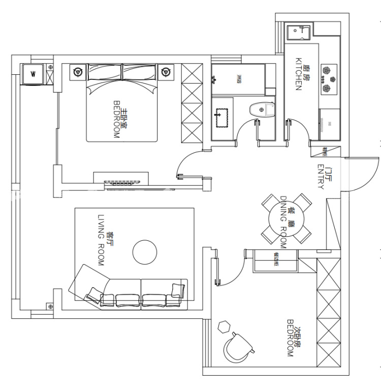 90平清水湾现代中古风格-平面布置图