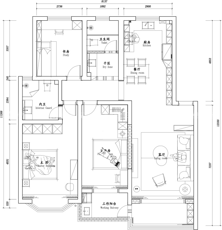 128平奥林清华现代法式风格-平面布置图